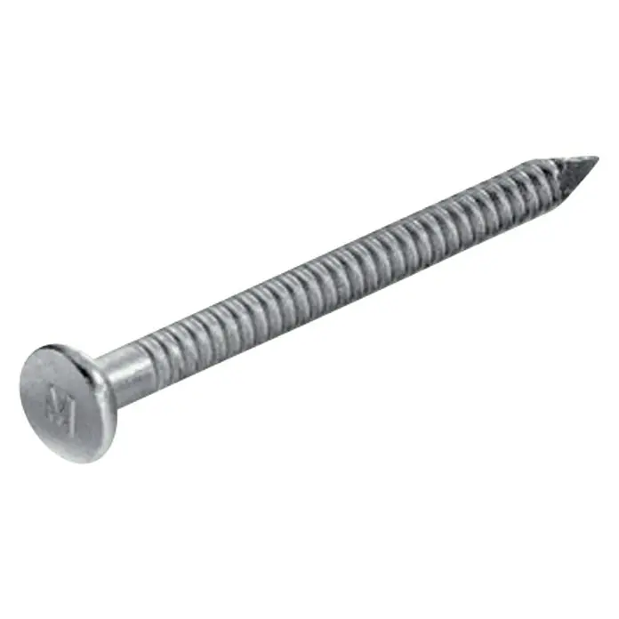 Stabilit AnkernägelDurchmesser: 4 mm, Länge: 50 mm, 250 Stk. - Nahaufnahme eines einzelnen, gerippten Stahlnagels mit flachem Kopf vor schwarzem Hintergrund.
