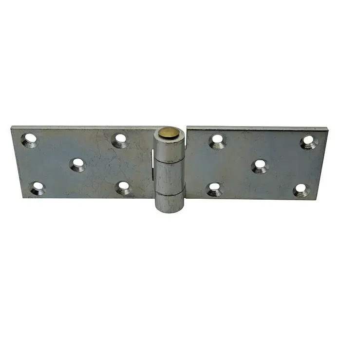 Stabilit Schlagladenscharnier - L x B: 130 x 50 mm, Stahl - Nahaufnahme eines stabilen Türbandes aus Metall, ideal für robuste Türbefestigungen. Metallbeschläge für den Bau.