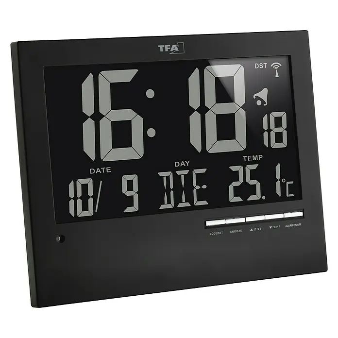 TFA Dostmann Funkwanduhr - Digitales Display, Batteriebetrieben, Schwarz, 23 x 3,1 x 18,5 cm - Digitale TFA-Wanduhr mit Datums-, Temperaturanzeige und großem Display für gute Lesbarkeit. Ideal für Büro oder Zuhause.