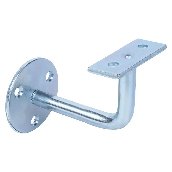 Stabilit HandlaufträgerWandmontage, Länge: 63 mm - Ein silberfarbener Handlaufhalter mit einer runden Montageplatte und einer rechteckigen Halteplatte. Für sicheren Halt und einfache Montage.