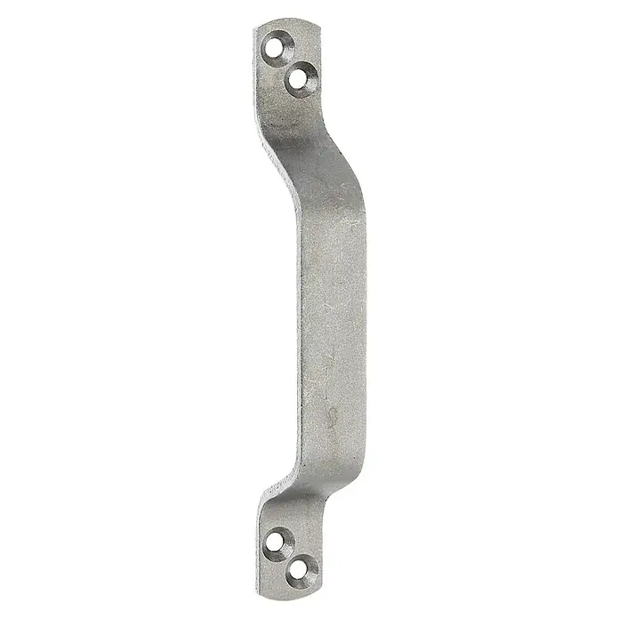 Stabilit Asidero - L x Al: 160 x 20 mm, Acero inoxidable, Acero inoxidable - Primer plano de un tirador de puerta plateado con dos agujeros a cada lado, aislado sobre un fondo negro.