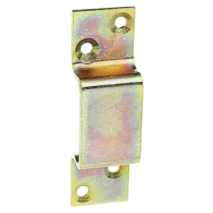 Stabilit Presilla - L x An: 34 x 16 mm, Acero - Primer plano de un soporte dorado doblado con múltiples agujeros, adecuado para diversas aplicaciones de montaje.