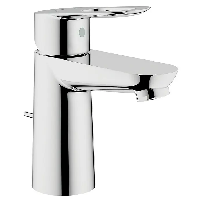 Grohe BauLoop Waschtischarmatur S-Size - Chrom, Glänzend - Nahaufnahme eines glänzenden, modernen Wasserhahns mit einem minimalistischen Design, perfekt für jedes Badezimmer.