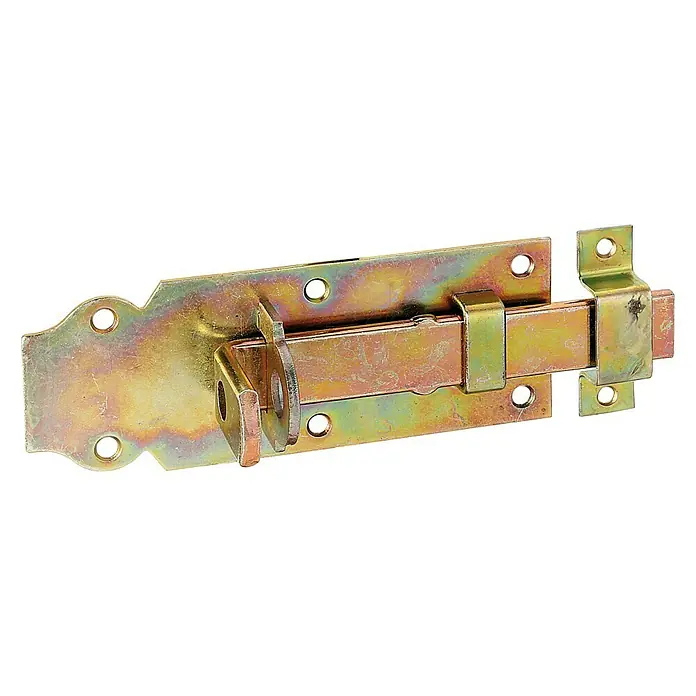 Stabilit Pestillo deslizante - 140 x 56 mm - Primer plano de un cerrojo de puerta de color dorado con orificios para tornillos sobre un fondo negro.