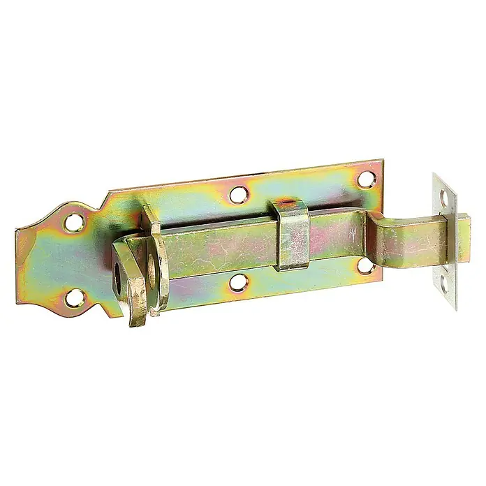 Stabilit Pestillo - L x An: 120 x 45 mm - Primer plano de un cerrojo de cañón zincado amarillo con placa decorativa y orificios de montaje para una fácil instalación.