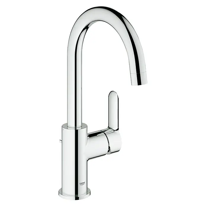 Grohe BauEdge Waschtischarmatur L-Size - Chrom, Glänzend - Eine glänzende Chrom-Küchenarmatur von Grohe mit hohem Auslauf und Einhebelmischer, die Eleganz und Funktionalität vereint.
