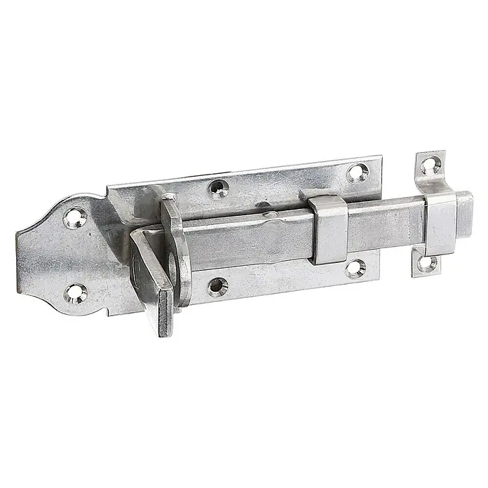 Stabilit Pestillo deslizante - L x An: 120 x 56 mm, Acero inoxidable - Primer plano de un cerrojo deslizante plateado, montado sobre una superficie negra y diseñado para brindar mayor seguridad y privacidad.