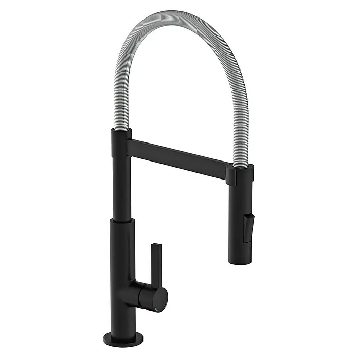 Camargue Grifo de cocina Córdoba - Negro/Cromado, Mate - Elegante grifo de cocina en negro mate con un caño flexible en espiral. Diseño moderno para cualquier cocina, aportando flexibilidad y comodidad.