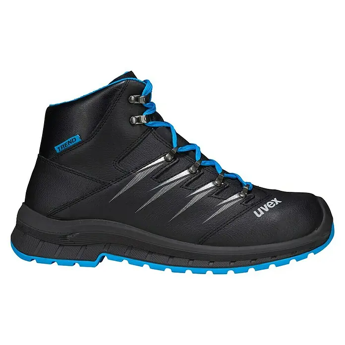 Uvex 2 Trend Sicherheitsstiefel S3 - 47, Schutzklasse nach EN ISO 20345: S3, Schwarz/Blau - Schwarzer Uvex Trend-Sicherheitsschuh mit blauen Akzenten und Schnürsenkeln für optimalen Schutz und Komfort am Arbeitsplatz.