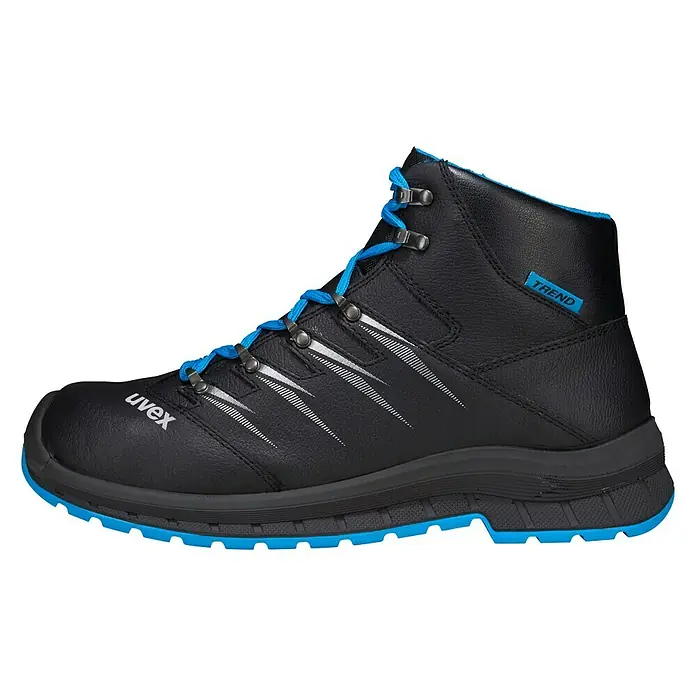 Uvex 2 Trend Sicherheitsstiefel S3 - 47, Schutzklasse nach EN ISO 20345: S3, Schwarz/Blau - Schwarzer Uvex-Trend-Sicherheitsschuh mit blauen Akzenten und Schnürsenkeln für optimalen Schutz und Komfort im Arbeitsalltag.
