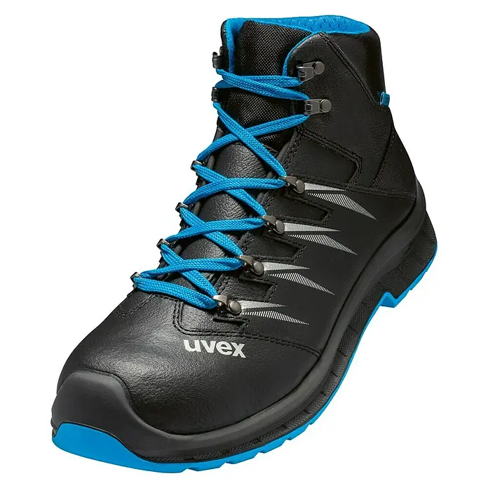 Uvex 2 Trend Sicherheitsstiefel S3 - 47, Schutzklasse nach EN ISO 20345: S3, Schwarz/Blau - Das Bild zeigt einen schwarzen Uvex-Sicherheitsstiefel mit blauen Akzenten, einschließlich Schnürsenkel und Sohle. Er bietet optimalen Schutz und Komfort.