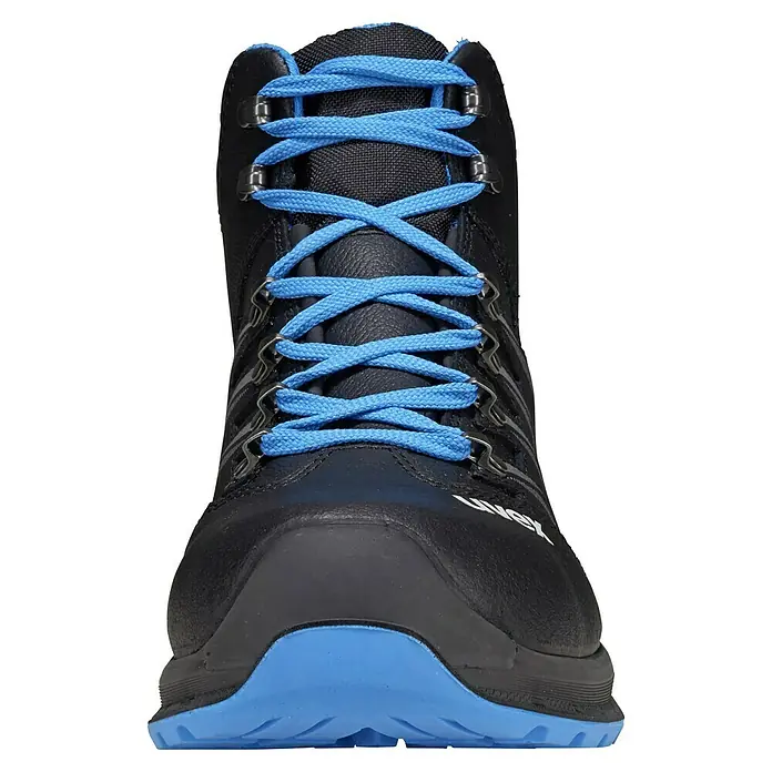 Uvex 2 Trend Sicherheitsstiefel S3 - 47, Schutzklasse nach EN ISO 20345: S3, Schwarz/Blau - Nahaufnahme eines schwarzen Uvex-Wanderschuhs mit blauen Schnürsenkeln, der sich durch Qualität und Haltbarkeit auszeichnet.