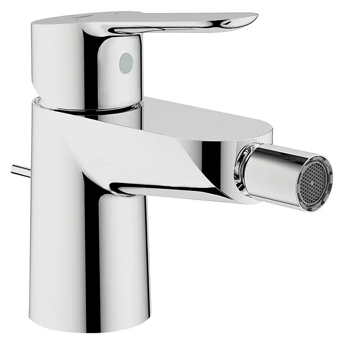 Grohe Grifo monomando de bidé BauEdge - Cromo, Brillante - Foto luminosa de un grifo de bidé cromado, moderno y brillante, con palanca lateral y boquilla de salida de agua.