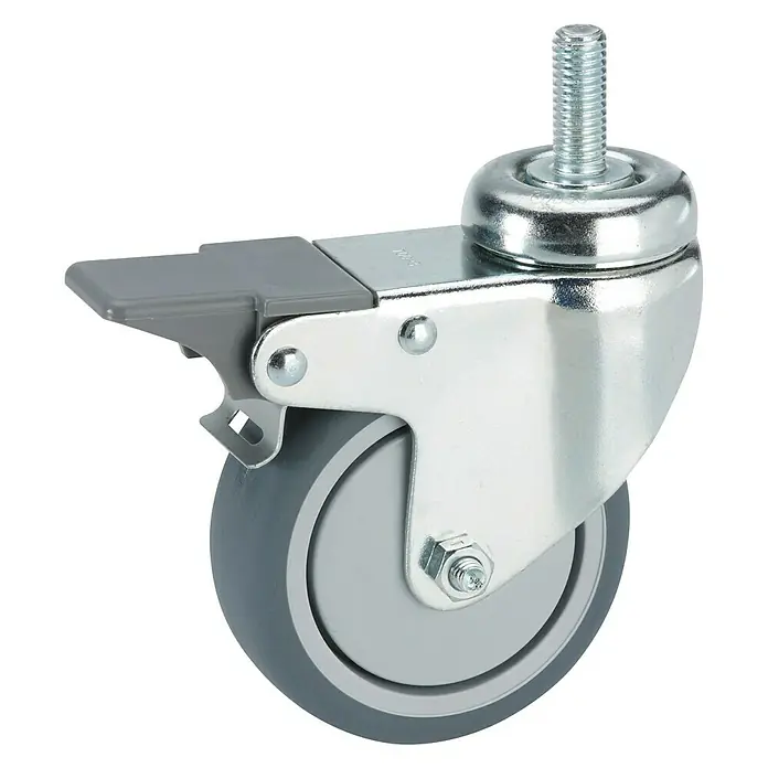 Dörner & Helmer Apparate-Lenkrolle - Durchmesser Rolle: 50 mm, Traglast: 45 kg, Mit Feststeller und Gewindestift - Ein Möbelrollenprodukt mit einer grauen Rolle und einer Metallhalterung mit Gewindeschaft zur Befestigung an Möbeln.