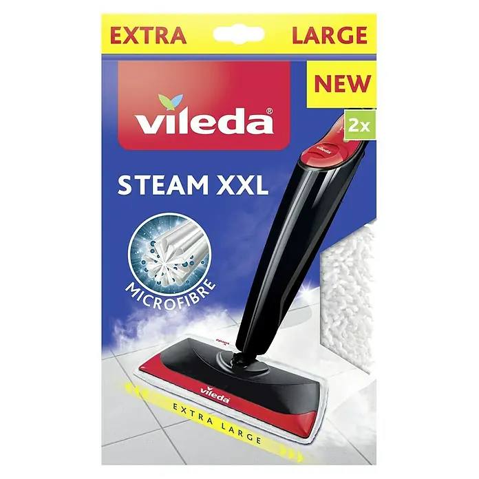 Vileda Steam Ersatz-Bezug Dampfreiniger XXL - Mikrofaser - Verpackung des Vileda Steam XXL Dampfreinigers mit Mikrofasertechnologie für extra große Flächen.