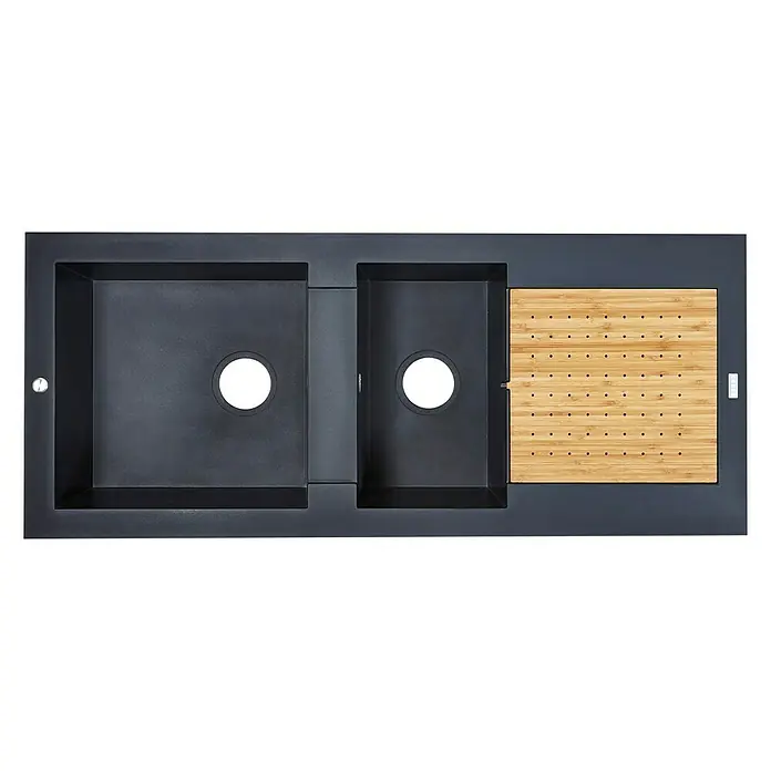 Carea Einbauspüle Eole - 118 x 50 cm, Schwarz - Eine moderne Küchenspüle mit zwei Becken und einem Schneidebrett aus Holz, ideal für jede moderne Küche.