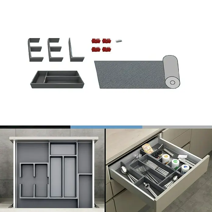 essensa Schubladeneinsatz-Set Connect - Kunststoff, Dunkelgrau - Küchenschubladen-Organizer-Set mit modularen Einsätzen, Anti-Rutsch-Matte und Zubehör für individuelle Ordnung.