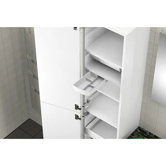 essensa Unterbau-Drehbehälter Swing - 30 x 13,7 x 4,7 cm, Weiß, Kunststoff - Ein hochformatiger, weißer Badezimmerschrank mit offenen Regalen und einer Schublade, die eine praktische Aufbewahrungslösung bietet.