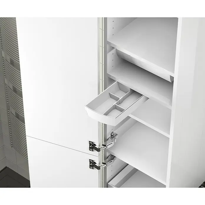 essensa Unterbau-Drehbehälter Swing - 30 x 13,7 x 4,7 cm, Weiß, Kunststoff - Weißer Schrank mit Auszugstablett zur Aufbewahrung kleiner Gegenstände. Das Fach ist in mehrere Fächer unterteilt.