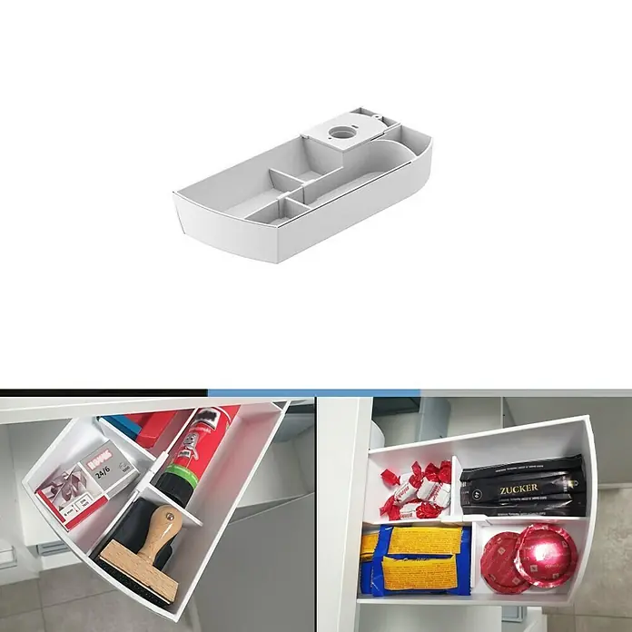 essensa Unterbau-Drehbehälter Swing - 30 x 13,7 x 4,7 cm, Weiß, Kunststoff - Schubladen-Organizer für Küchenutensilien. Praktische Aufbewahrungslösung, um Ordnung in Schubladen zu schaffen.