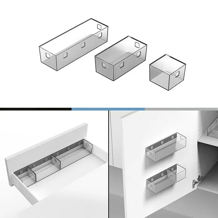 essensa Aufbewahrungsbox-Set Boxx - Kunststoff, Graphit/Transluzent - Bild zeigt transparente Aufbewahrungsboxen in verschiedenen Größen, die in Schubladen oder an Schranktüren montiert werden können.