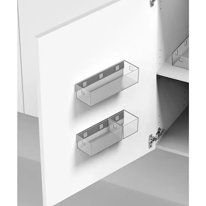 essensa Aufbewahrungsbox-Set Boxx - Kunststoff, Graphit/Transluzent - Aufnahme von transparenten Schubladen an einer weißen Schranktür zur besseren Organisation und Aufbewahrung von kleinen Gegenständen.
