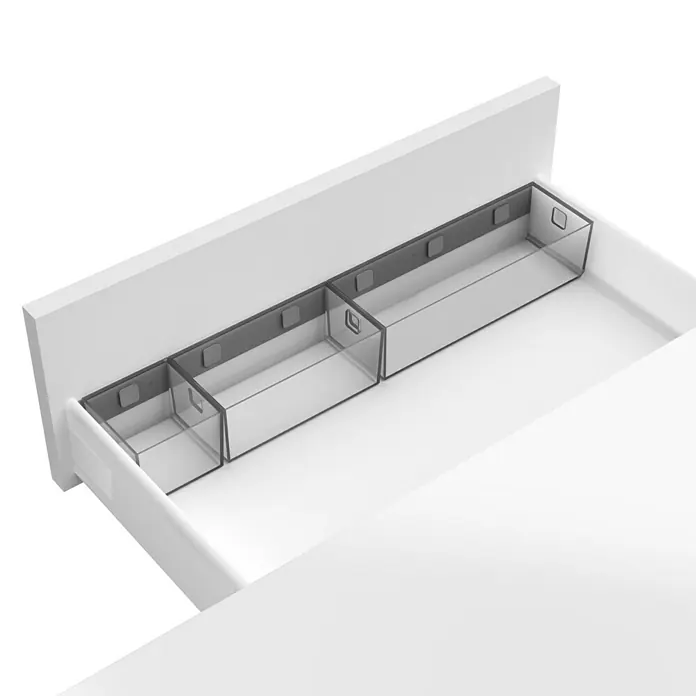 essensa Aufbewahrungsbox-Set Boxx - Kunststoff, Graphit/Transluzent - Ein sauberer, weißer Schubladeneinsatz mit durchsichtigen Fächern, ideal für die Organisation von Büroartikeln oder Kosmetika.