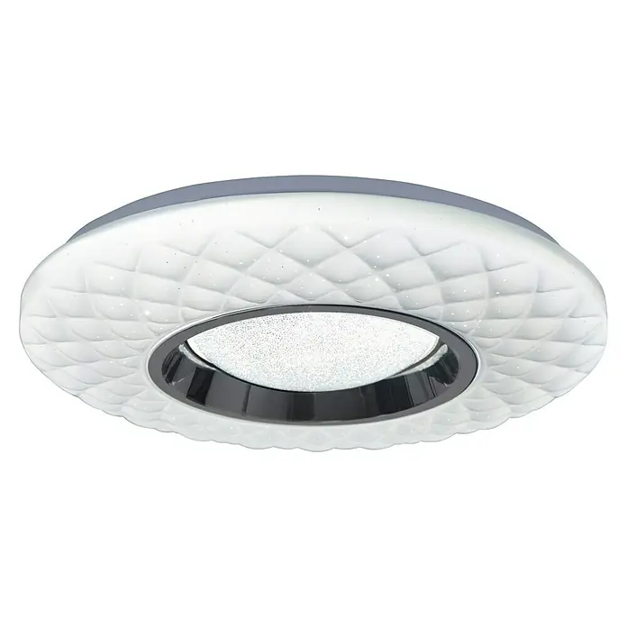 Tween Light LED-Deckenleuchte rund Begato - 24 W, Ø x H: 395 mm x 6,5 cm, Weiß, Warmweiß - Nahaufnahme einer runden Deckenleuchte mit weißem, rautenförmigem Muster und einem runden Licht in der Mitte.