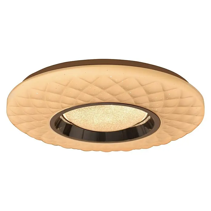 Tween Light LED-Deckenleuchte rund Begato - 24 W, Ø x H: 395 mm x 6,5 cm, Weiß, Warmweiß - Nahaufnahme einer modernen, runden Deckenleuchte mit Diamantenmuster und zentraler Beleuchtung, ideal für stilvolle Innenräume.