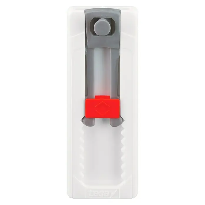 Tesa Powerstrips Klebehaken Adjust Keyhole - Kunststoff, Weiß - Nahaufnahme eines Tesa-Abrollers in Weiß mit grauen und roten Akzenten. Ideal für Büro- und Haushaltsanwendungen.