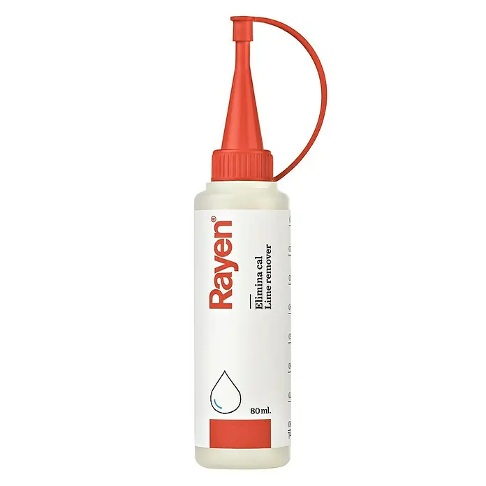 Rayen Limpiador especial eliminador de cal - 80 ml - Botella de limpiador de cal Rayen con tapón rojo y etiqueta.