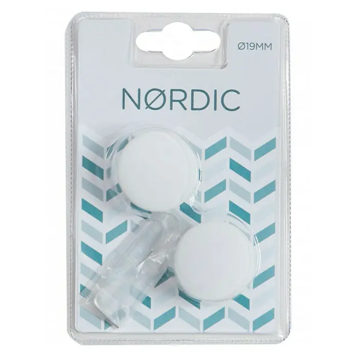Tapa final Nordic tope blanco - 2 ud. - Primer plano de un blíster con dos protectores redondos y blancos para muebles Nordic, de 19 mm de diámetro.