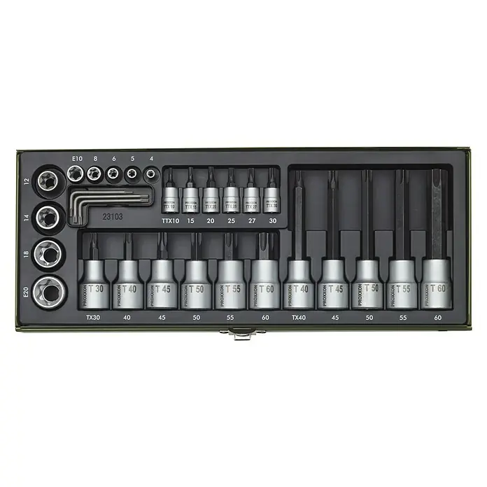 Proxxon Industrial Steckschlüssel-Bit-Satz TX - 29 -tlg., Antriebsgröße: ½″ - Ein Proxxon Steckschlüsselsatz in einer grünen Metallbox, ideal für Reparaturen und Heimwerkerarbeiten.