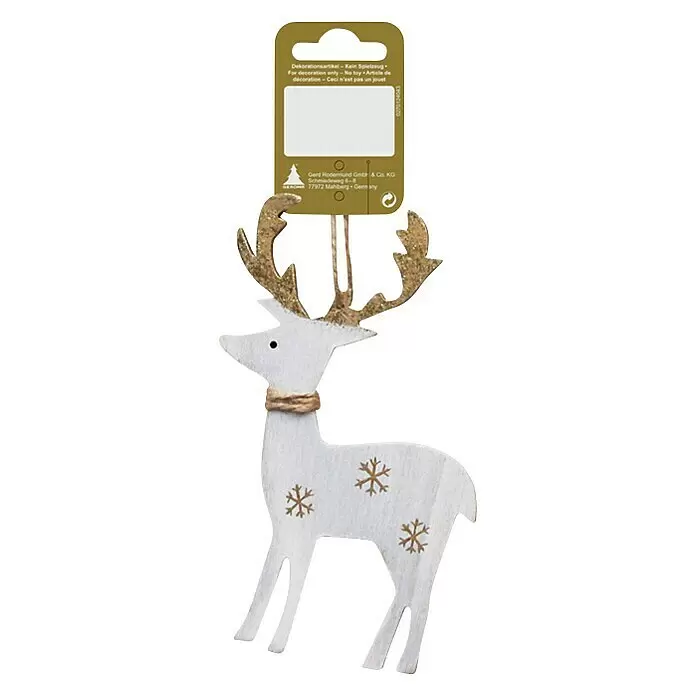 Dekoelement Schild "Frohe Weihnachten" - Braun, Rot, Holz - Weißes Holzrentier als Ornament mit goldglitzerndem Geweih, goldenen Schneeflocken und einem Halsband aus Juteschnur, an einem Etikett hängend.