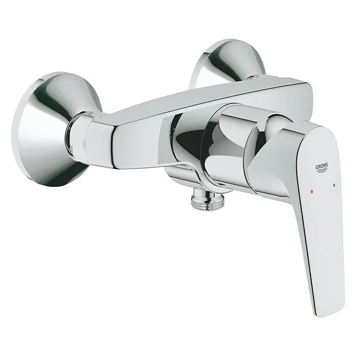 Grohe BauFlow Brausearmatur - Chrom, Glänzend - Glänzende Chrom-Brausearmatur von Grohe mit Hebel und Temperaturmarkierungen für ein modernes Badezimmerdesign.