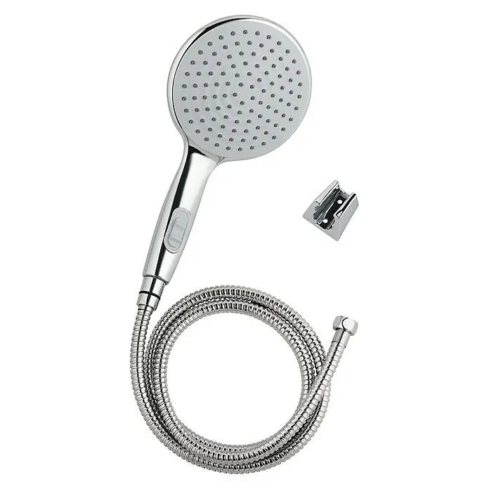 Rousseau Set de ducha Motchi - Cromo - En la imagen se muestra una ducha de mano cromada con manguera y soporte, ideal para baños modernos.