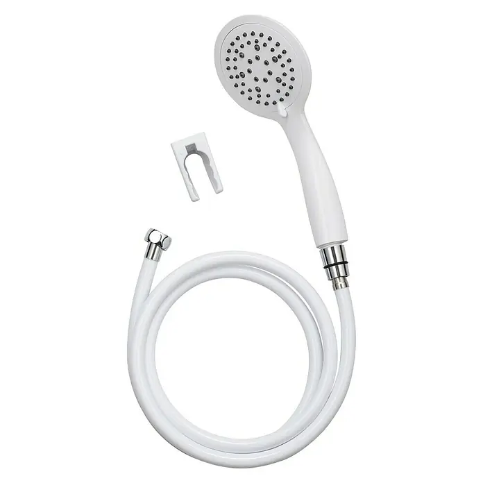 Rousseau Set de ducha Hebe - Blanco - Se muestra un cabezal de ducha blanco con manguera y soporte, adecuado para un diseño de baño moderno y una experiencia de ducha cómoda.