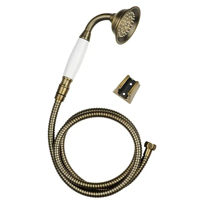 Rousseau Set de ducha Retro - Bronce - Imagen detallada de un conjunto de ducha de mano de estilo vintage con manguera y soporte, mostrando su acabado dorado antiguo.