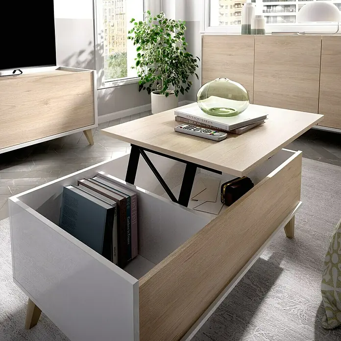 Dekit Mesa auxiliar de jardín Ness - L x An x Al: 60 x 99 x 41 cm, Natural/Blanco - Imagen de una mesa de centro moderna con tapa elevable y espacio de almacenamiento, ideal para sala de estar.