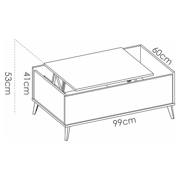 Dekit Mesa Ness - L x An x Al: 60 x 99 x 41 cm, Natural/Grafito - Ilustración de una mesa de centro con tablero elevable, con dimensiones de 99x60x41/53 cm.