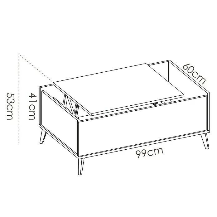 Dekit Mesa auxiliar de jardín Ness - L x An x Al: 60 x 99 x 41 cm, Natural/Blanco - Ilustración de una mesa de centro con tablero elevable, con dimensiones de 99x60x41/53 cm.