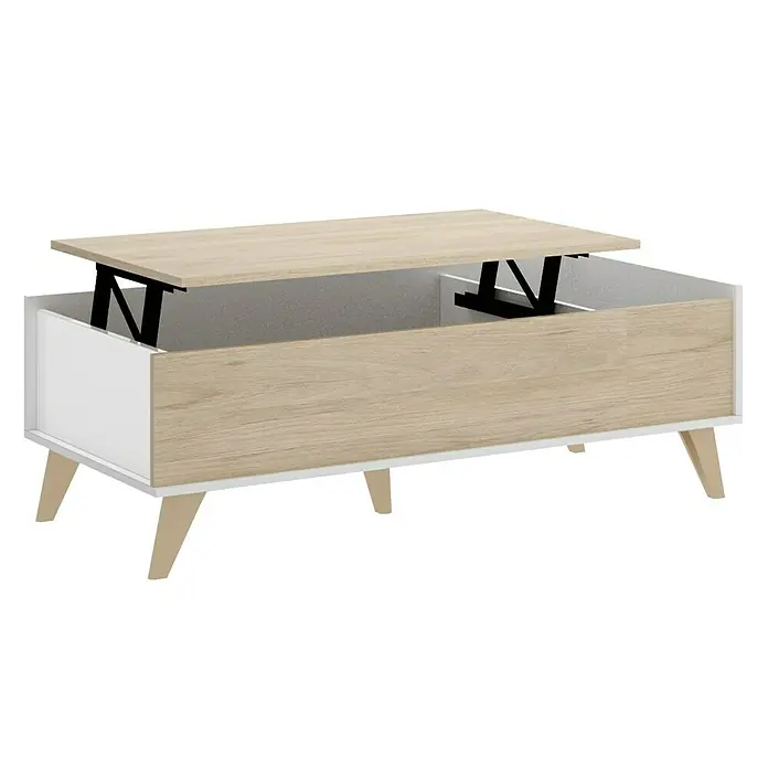 Dekit Mesa auxiliar de jardín Ness - L x An x Al: 60 x 99 x 41 cm, Natural/Blanco - Esta moderna mesa de centro elevable ofrece almacenamiento práctico y una superficie elegante. ¡Perfecta para cualquier salón!