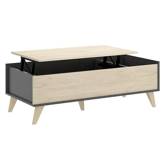 Dekit Mesa auxiliar de jardín Ness - L x An x Al: 60 x 99 x 41 cm, Natural/Grafito - Una mesa de centro moderna con tapa elevable, que ofrece espacio de almacenamiento adicional. Elegante diseño en madera con detalles grises.