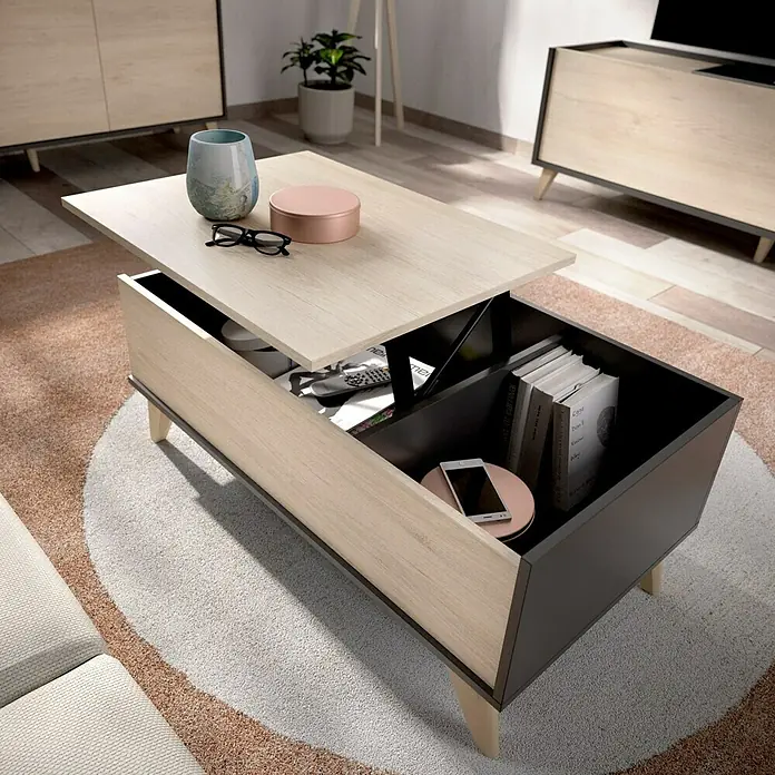 Dekit Mesa auxiliar de jardín Ness - L x An x Al: 60 x 99 x 41 cm, Natural/Grafito - Esta elegante mesa de centro cuenta con un diseño elevable y espacio de almacenamiento, perfecta para salones modernos.