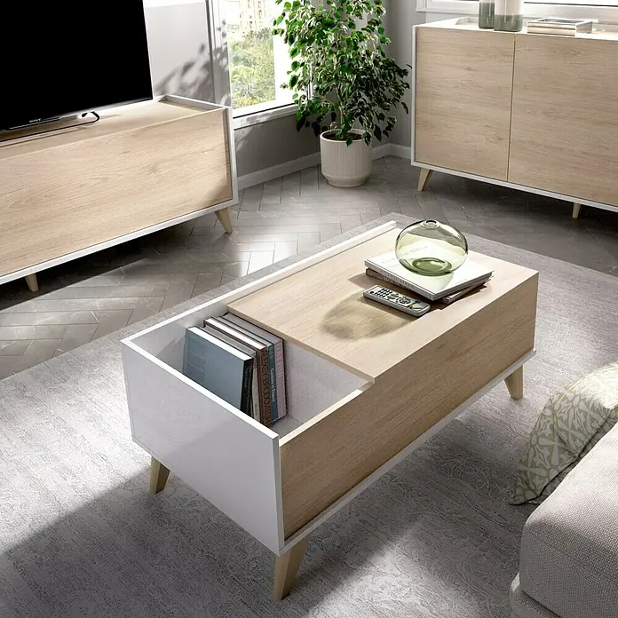 Dekit Mesa auxiliar de jardín Ness - L x An x Al: 60 x 99 x 41 cm, Natural/Blanco - Mesa de centro moderna con tapa deslizante y espacio para guardar libros y accesorios.