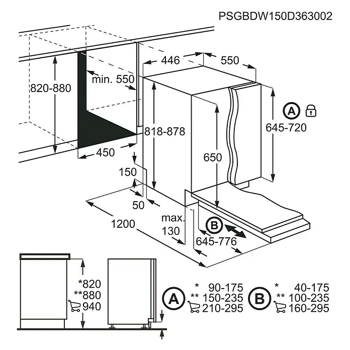 AEG Lavavajillas integrable FSE62417P - Ancho: 45 cm, Número de cubiertos: 9 ud. - Diagrama de un lavavajillas empotrable que muestra las medidas de instalación y los ajustes de altura posibles.