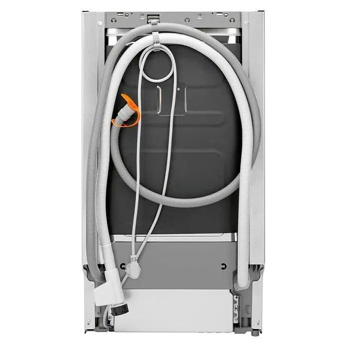 AEG Lavavajillas integrable FSE62417P - Ancho: 45 cm, Número de cubiertos: 9 ud. - Vista posterior de un lavavajillas con mangueras y cables.