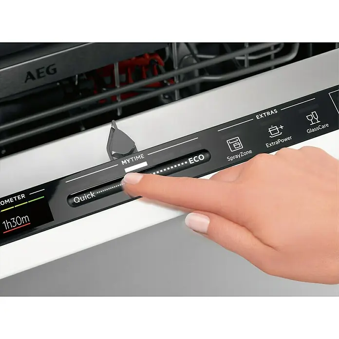 AEG Lavavajillas integrable FSE62417P - Ancho: 45 cm, Número de cubiertos: 9 ud. - Lavavajillas AEG con función "MyTime" para ajustar la duración del programa individualmente, configurado en "Quick". Opciones ExtraPower y GlassCare.