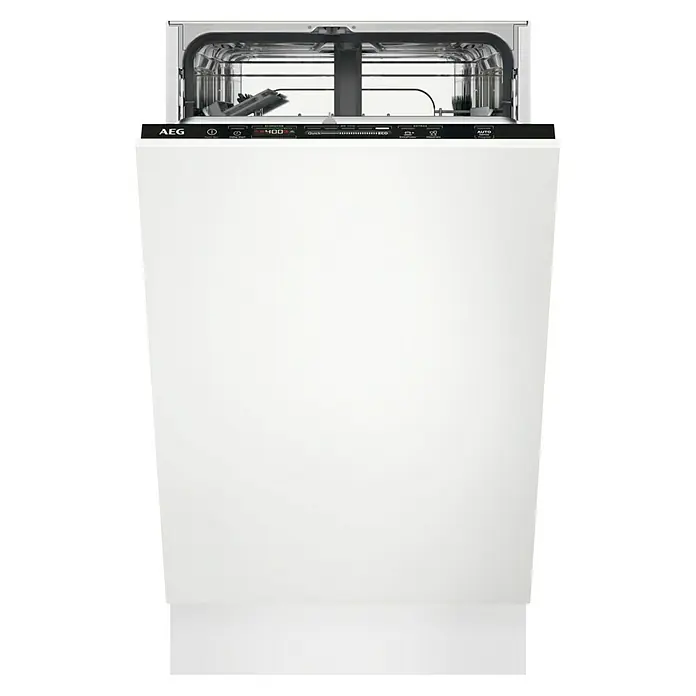AEG Lavavajillas integrable FSE62417P - Ancho: 45 cm, Número de cubiertos: 9 ud. - La imagen muestra un lavavajillas AEG, destacable por su diseño elegante y color blanco, ligeramente abierto, destacando su interior.