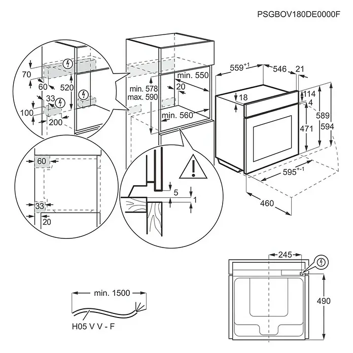 AEG Horno empotrado BPE53512YM - Número de tipos de calentamiento: 10 ud., Volumen horno: 71 l - Imagen del producto mostrando las dimensiones del horno PSGBOV180DE0000F, incluyendo guías de instalación y detalles del cable.